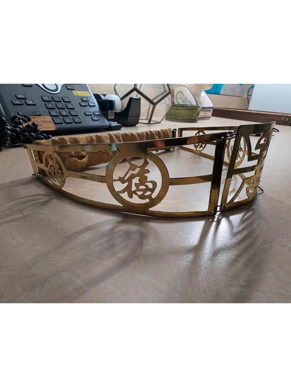 Vintage Gold Brass Metal Geometric Statement Belt Chinese Characters Accessory - Picture 2 of 8